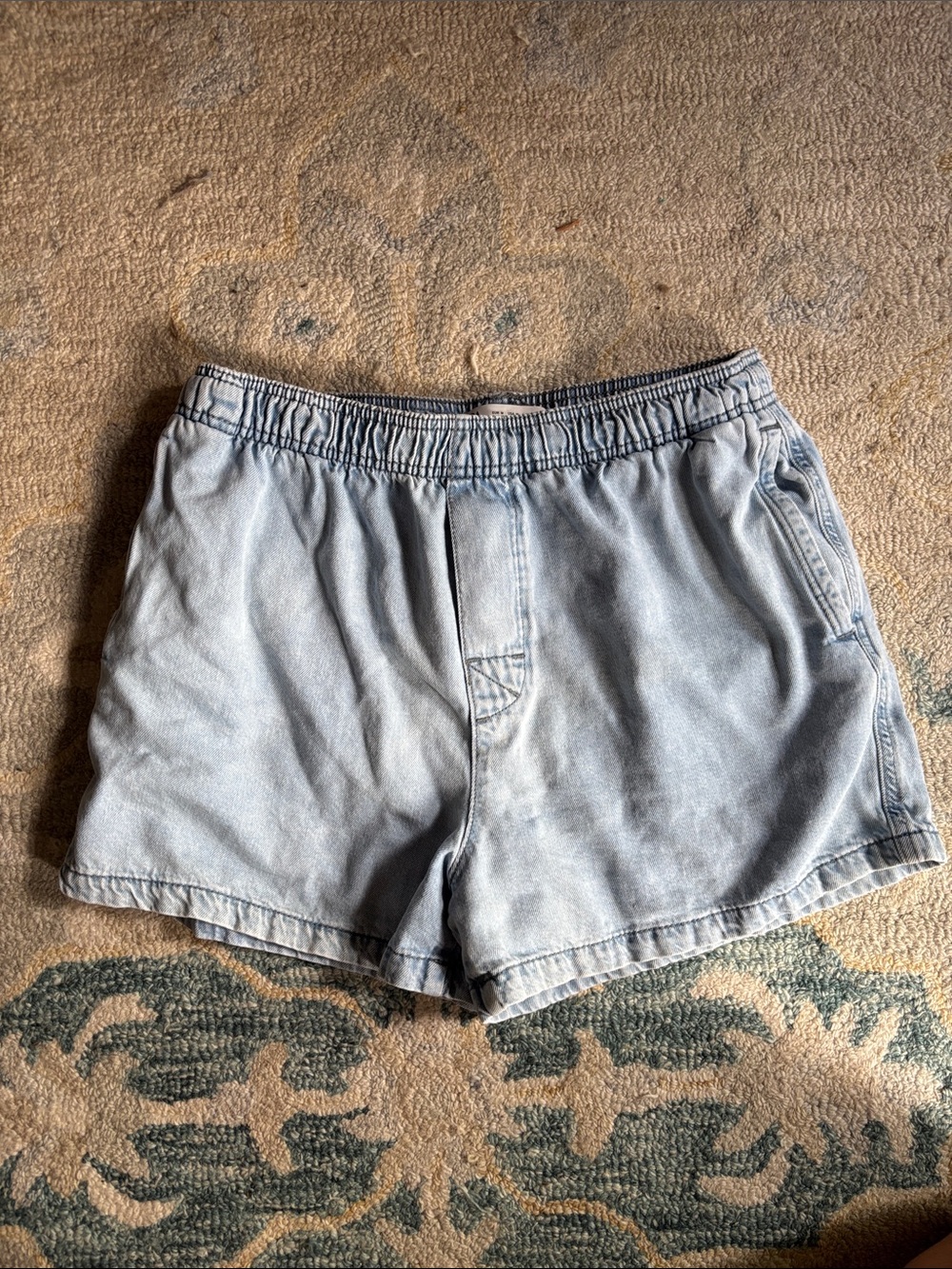 Zara Pale Blue Elastic-Waist Denim Shorts